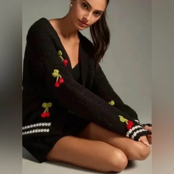 Anthropologie Maeve Black Varsity Cardigan Sweater with 3D Cherry
O/S NWOT - Picture 3 of 12